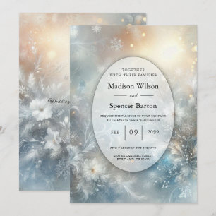 Frozen Petals in a Golden Winter Mist Wedding Invitation