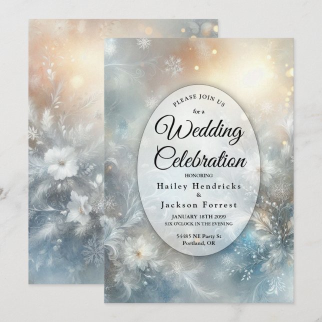 Frozen Petals in a Golden Winter Mist Wedding Invitation (Front/Back)
