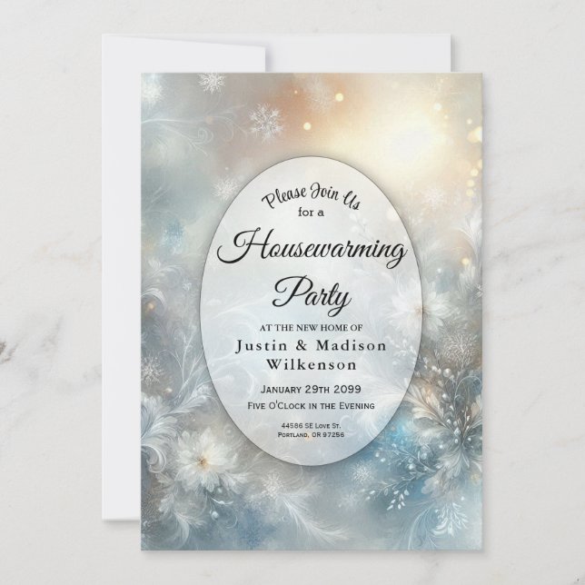  Frozen Petals in Golden Winter Housewarming Party Invitation (Front)