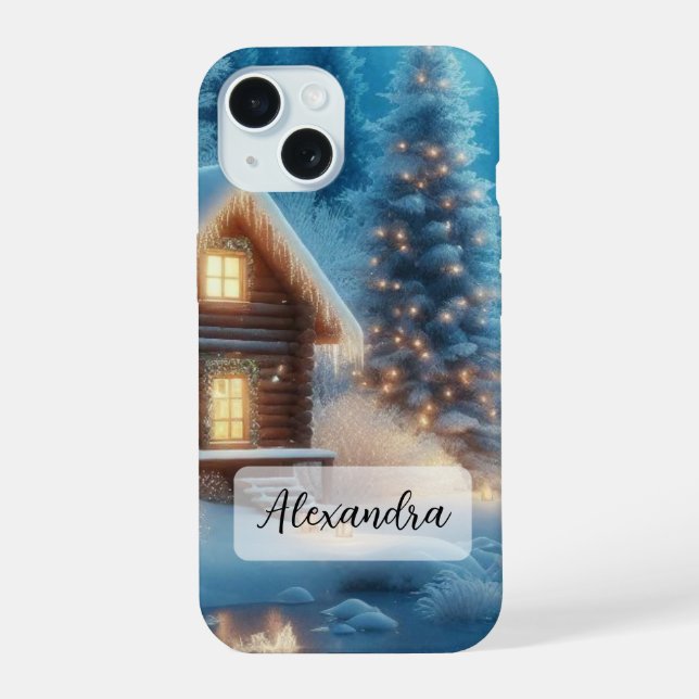 Frozen River, Cosy Cabin, Snow, Pine Trees iPhone 15 Case (Back)