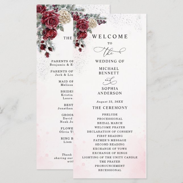 Frozen Roses Winter Wedding Program Programme (Front/Back)