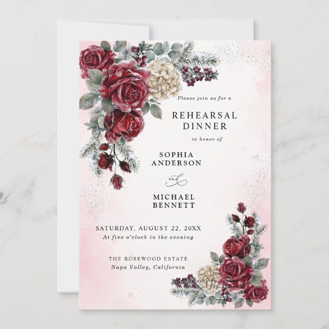 Frozen Roses Winter Wedding Rehearsal Dinner Invitation (Front)