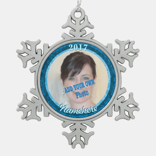Frozen Snowflake Picture Ornament! Add Name & Year Pewter Christmas Ornament (Front)
