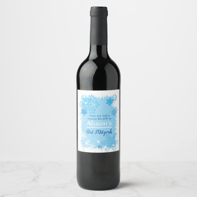 FROZEN SNOWFLAKES Bar Bat Mitzvah Wine Gift Label (Front)