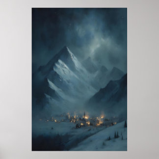 Frozen Snowy Mountain Village Under Snowy Twilight Poster