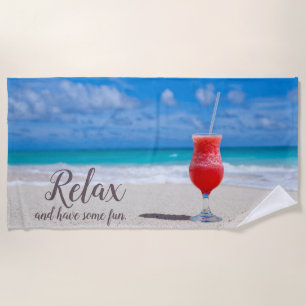 Frozen Strawberry Daiquiri on Blue Sky Sandy Beach Towel