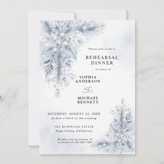 Frozen White Berries  Wedding Rehearsal Dinner Invitation (Front)
