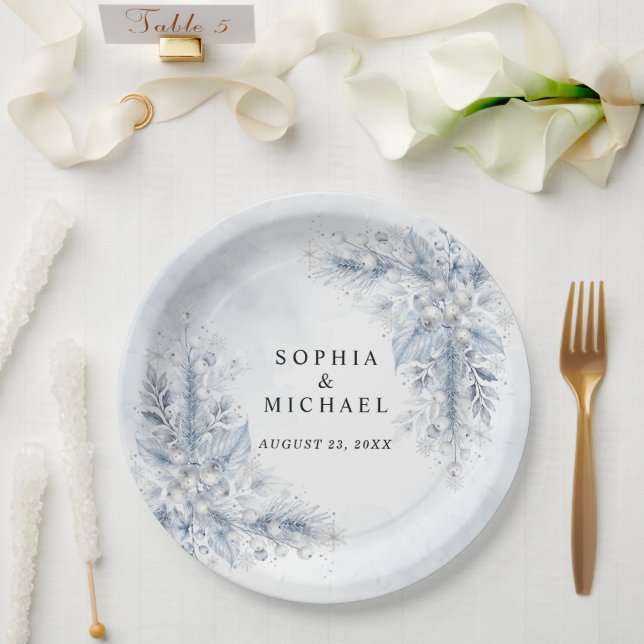 Frozen White Berries Winter Wedding Paper Plate (Wedding)