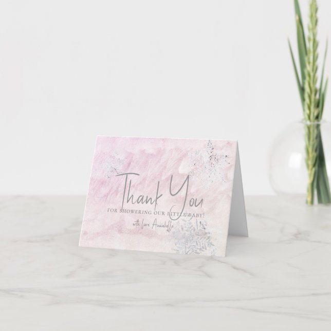 Frozen Winter Snowflake Pink Baby Shower Thank You Card (Front)