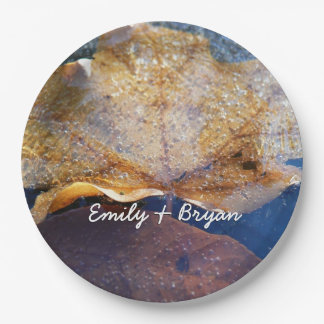 Frozen Yellow Maple Leaf Autumn Nature Paper Plate