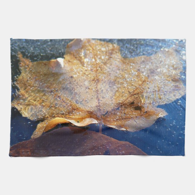 Frozen Yellow Maple Leaf Autumn Nature Tea Towel (Horizontal)