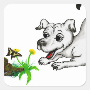 Frühlingserwachen, Welpe mit Schmetterling Square Sticker