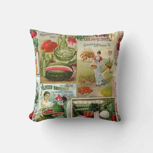 Fruit and Veggies Seed Catalogue Collage Cushion (Front)