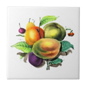 Fruit Art Pear, Green Apple, Plum Backsplash Tile