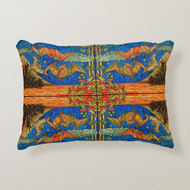 Fruit bat Stained glass look mosaic blue orange Decorative Cushion (Front)