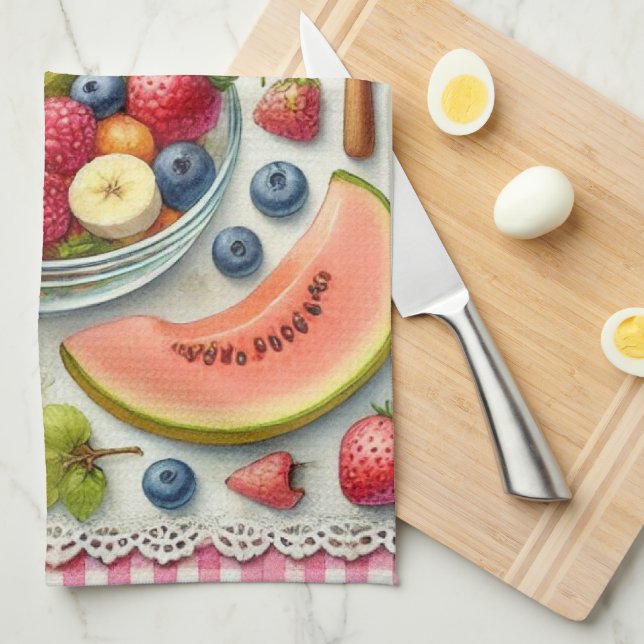 Fruit Bowl Surrounded by Kitchen Elements  Tea Towel (Quarter Fold)