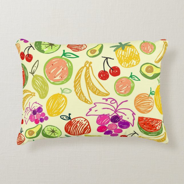 Fruit Doodle Pattern Reversible Yellow Decorative Cushion (Front)