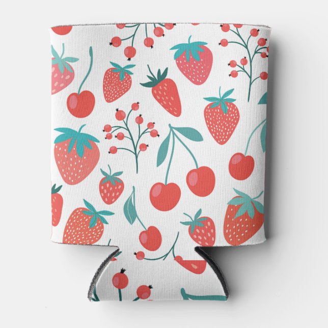 Fruit doodle: strawberries, cherries pattern. can cooler (Front)