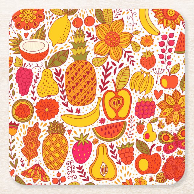 Fruit Doodles: Summer Vintage Pattern. Square Paper Coaster (Front)