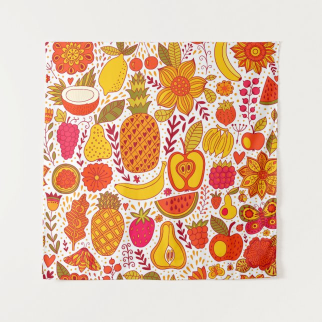 Fruit Doodles: Summer Vintage Pattern. Tapestry (Front)