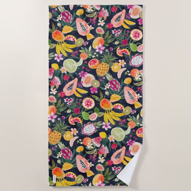 FRUIT FESTIVAL Dark Tropical Fruit  Beach Towel (Front)