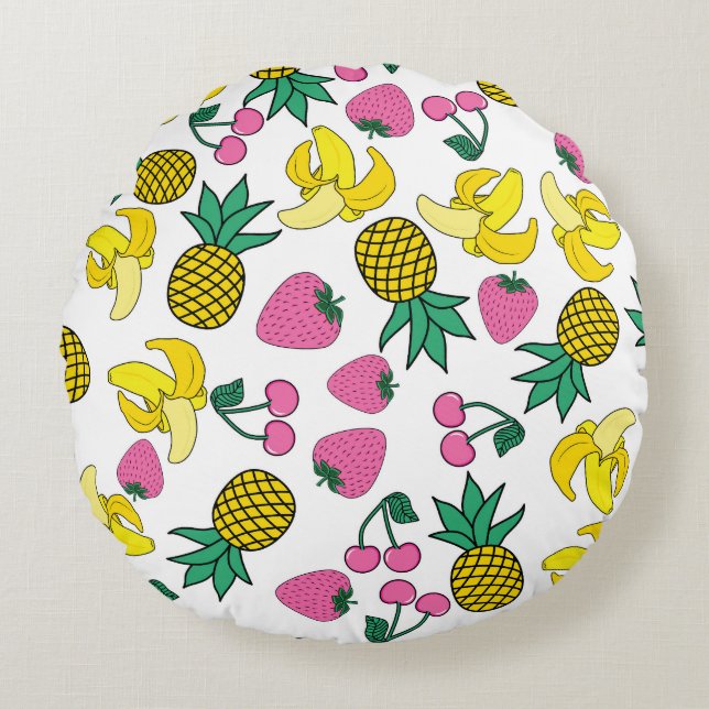 Fruit Fiesta: Bananas, Pineapples, Strawberries Round Cushion (Front)