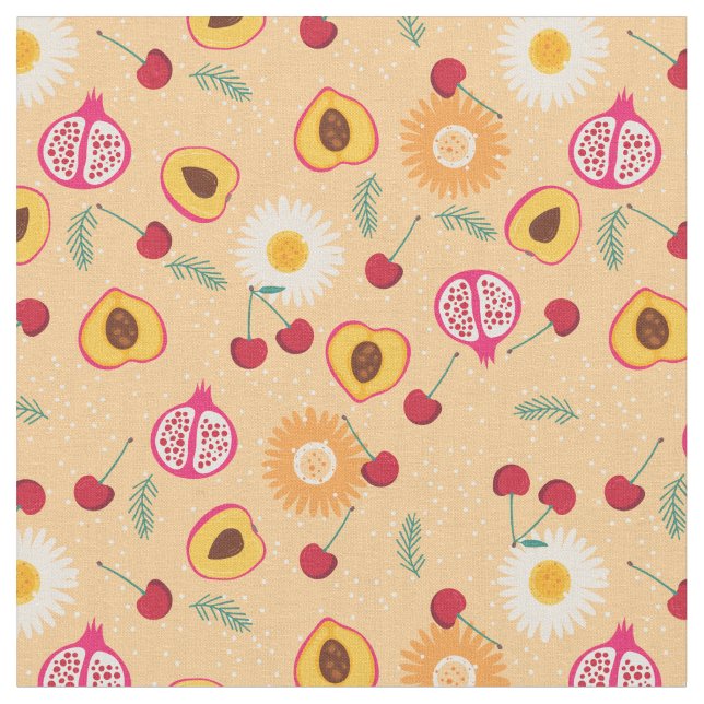 fruit floral cherry pomegranate peach daisy fabric (Close Up)