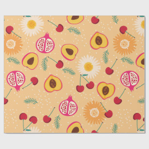 fruit floral cherry pomegranate peach daisy wrapping paper