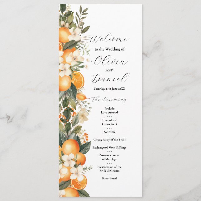 Fruit Floral Oranges Wedding Menu Ceremony Details (Front)