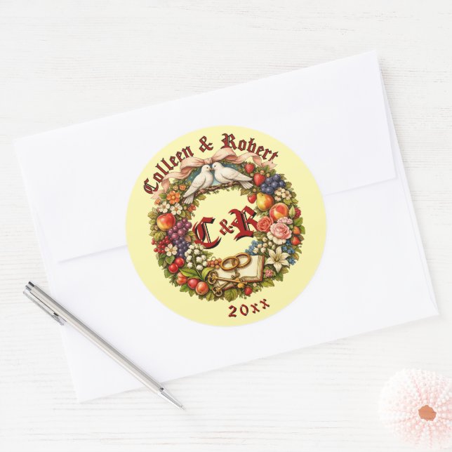 Fruit & Floral Wedding Wreath Classic Round Sticker (Envelope)