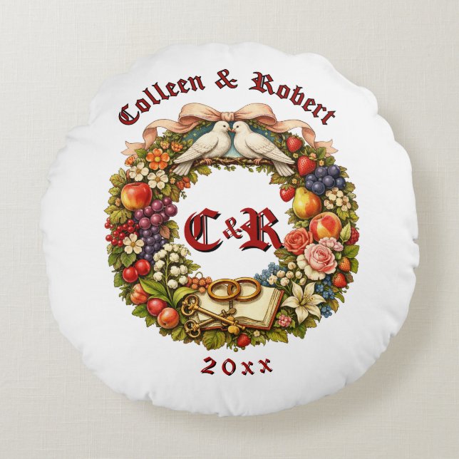 Fruit & Floral Wedding Wreath Round Cushion (Front)