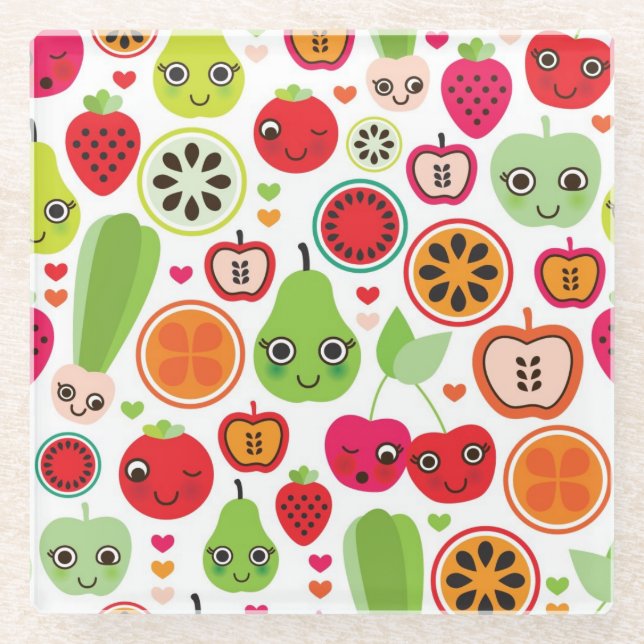 fruit kids illustration apple glass coaster (Front)