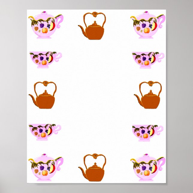 Fruit & Leaves Teapot, Teacup And Copper Teakettle Poster (Front)