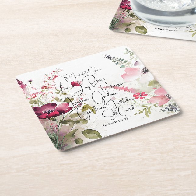 Fruit of the Spirit pink floral Square Paper Coaster (Angled)