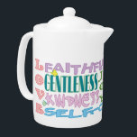 Fruit of the Spirit Teapot<br><div class="desc">A lovely typography design teapot featuring the list of the Fruits of the Holy Spirit from Galations 5:22-23 in soft colours accented with butterflies and floral details. Matching mug available!</div>