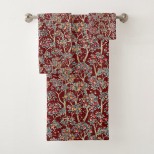 Fruit Orchard on Maroon Background Bath Towel Set
