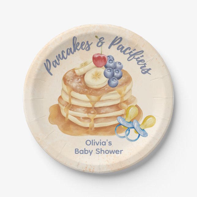 Fruit Pancakes & Pacifiers Gingham Baby Shower  Paper Plate (Front)