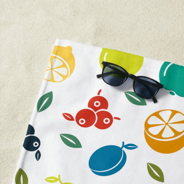Fruit Pattern, Plum, Orange, Lemon, Pear, Apple Beach Towel (In Situ)