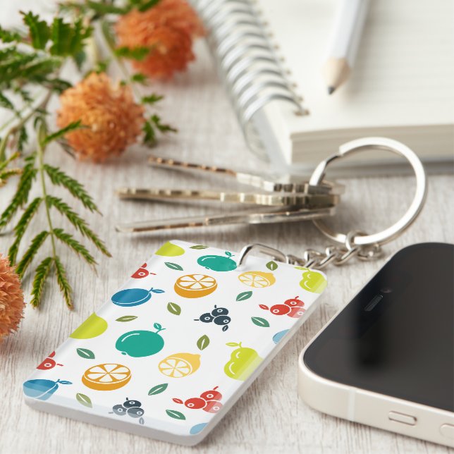 Fruit Pattern, Plum, Orange, Lemon, Pear, Apple Key Ring (Front Right)
