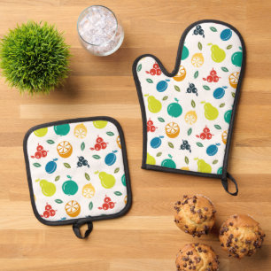 Fruit Pattern, Plum, Orange, Lemon, Pear, Apple Oven Mitt & Pot Holder Set