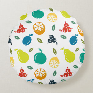 Fruit Pattern, Plum, Orange, Lemon, Pear, Apple Round Cushion