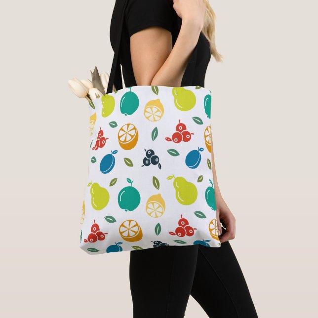 Fruit Pattern, Plum, Orange, Lemon, Pear, Apple Tote Bag (Close Up)