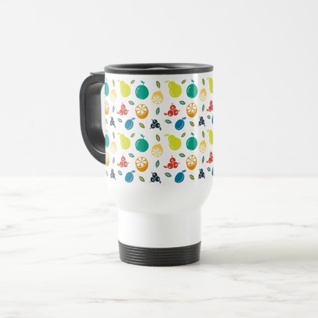 Fruit Pattern, Plum, Orange, Lemon, Pear, Apple Travel Mug (Front Left)