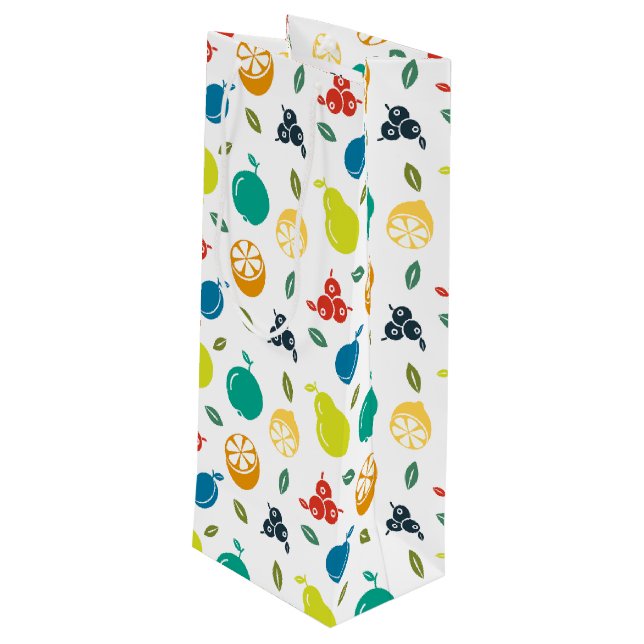 Fruit Pattern, Plum, Orange, Lemon, Pear, Apple Wine Gift Bag (Back Angled)