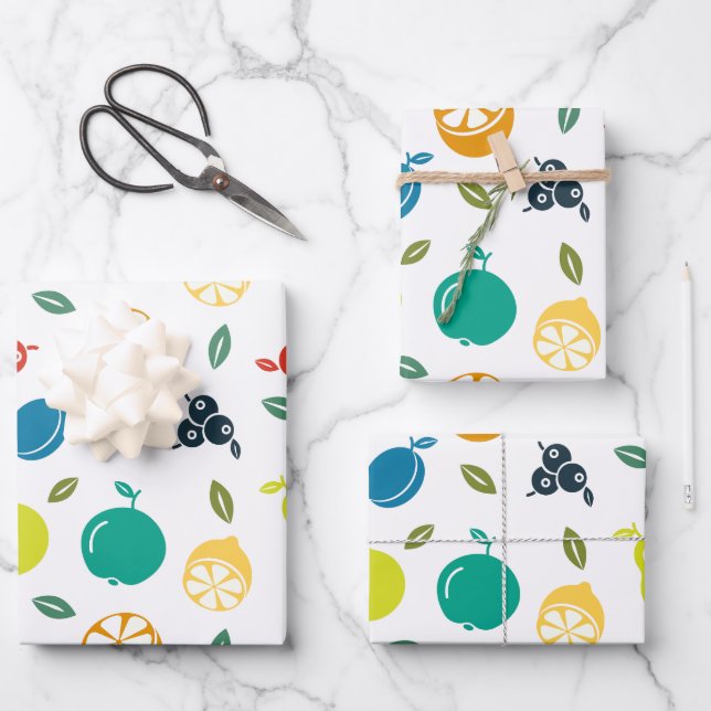 Fruit Pattern, Plum, Orange, Lemon, Pear, Apple Wrapping Paper Sheet (Front)