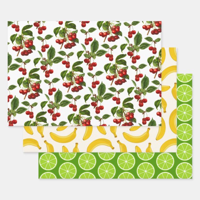 Fruit Patterns, Cherries, Bananas & Lime Slices Wr Wrapping Paper Sheet (Set)