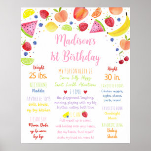 Fruit Pink Girl Summer First Birthday Milestone Poster