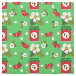 Fruit print strawberry flowers jam green fabric