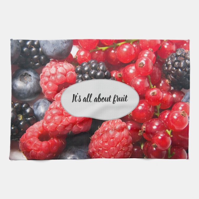Fruit red black berries with customisable text tea towel (Horizontal)