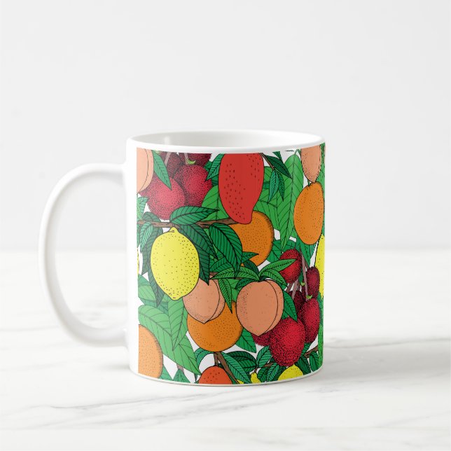Fruit seamless pattern, hand drawn sketch, orange, coffee mug (Left)